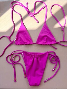Fuchsia String Triangle Bikini - Women's Two-Piece Swim Set